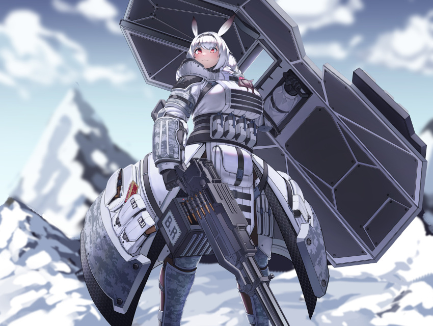 1girl :3 absurdres alvis_(last_origin) animal_ears armor bangs blurry blurry_background blush breasts camouflage closed_mouth dot_nose eyebrows_visible_through_hair feet_out_of_frame gun hair_intakes hairband highres holding holding_gun holding_shield holding_weapon last_origin long_hair long_sleeves red_eyes shield short_eyebrows solo standing tagme tajyador tareme thick_eyebrows toblerone weapon white_hair white_theme