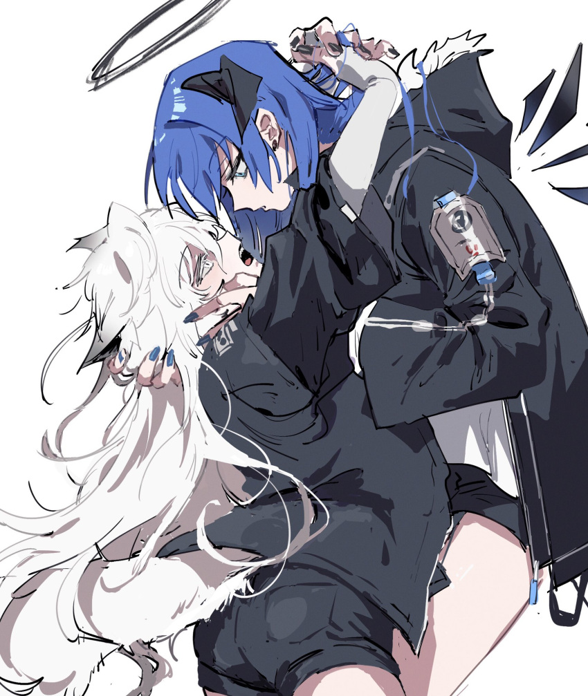 2girls animal_ears arknights black_jacket black_shorts blue_eyes blue_hair blue_nails commentary cowboy_shot demon_horns detached_wings ear_piercing elbow_gloves energy_wings eye_contact gloves grey_eyes grey_gloves halo hand_on_another's_face highres horns hug jacket lappland_(arknights) long_hair looking_at_another mostima_(arknights) multiple_girls na_tarapisu153 open_mouth piercing shirt shorts tail white_hair white_shirt wings wolf_ears wolf_girl wolf_tail yuri