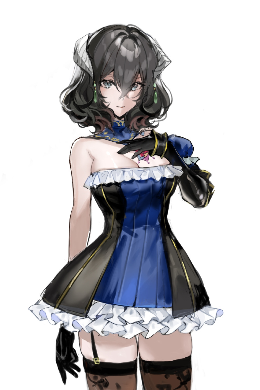 1girl bangs black_gloves black_hair black_legwear bloodstained:_ritual_of_the_night bow bowtie breasts dress earrings elbow_gloves eyebrows_behind_hair eyebrows_visible_through_hair garter_straps gloves grey_eyes hair_between_eyes highres holding horns jewelry leopardargento looking_at_viewer miriam_(bloodstained) short_hair simple_background sleeveless sleeveless_dress smile solo thigh-highs white_background