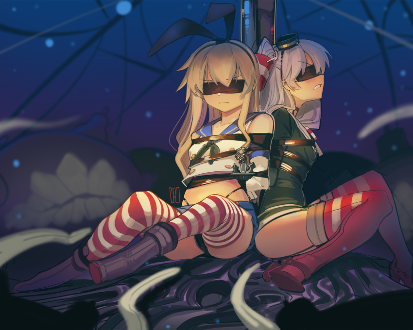 2girls amatsukaze_(kancolle) anchor_hair_ornament arms_behind_back bdsm black_blindfold black_hairband black_panties blindfold blonde_hair blue_skirt bondage bound breasts brown_dress covered_eyes crop_top dress elbow_gloves gloves hair_ornament hair_tubes hairband hat highleg highleg_panties highres kaddo kantai_collection long_hair mini_hat miniskirt multiple_girls panties pleated_skirt red_legwear rope sailor_dress shimakaze_(kancolle) short_dress silver_hair skirt small_breasts striped striped_legwear thigh-highs two_side_up underwear white_gloves windsock