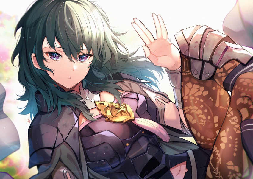 1girl anniversary armor bangs black_armor black_cape black_shorts blue_hair bracelet byleth_(fire_emblem) byleth_eisner_(female) cape commentary detached_collar english_commentary eyebrows_visible_through_hair fire_emblem fire_emblem:_three_houses floating_hair hair_between_eyes highres jewelry long_hair looking_at_viewer nakabayashi_zun navel pantyhose parted_lips salute short_shorts shorts shoulder_armor solo violet_eyes vulcan_salute