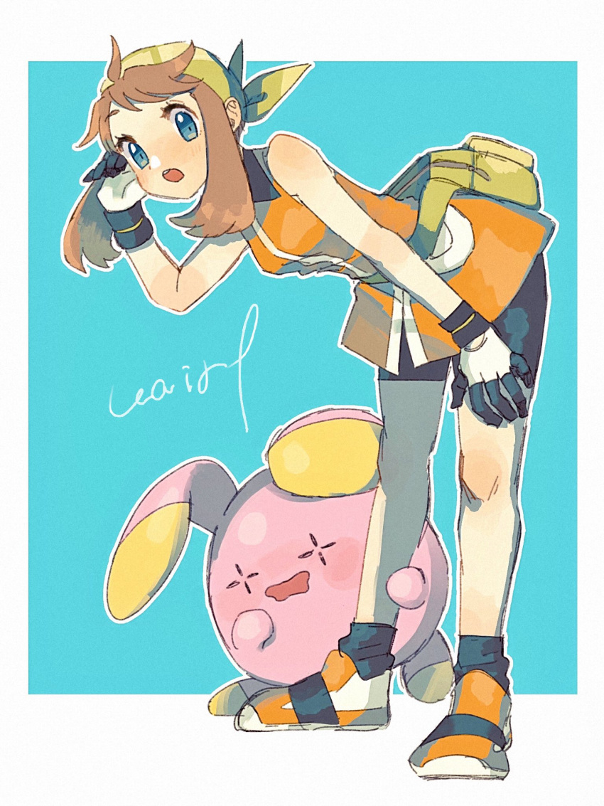 1girl :o bent_over bike_shorts black_legwear blue_eyes blush brown_hair collared_dress dress eyelashes fanny_pack gen_3_pokemon gloves green_bag green_bandana hanenbo highres knees may_(pokemon) medium_hair open_mouth orange_dress orange_footwear pokemon pokemon_(creature) pokemon_(game) pokemon_emerald pokemon_rse shoes short_dress signature sleeveless sleeveless_dress socks standing upper_teeth whismur white_gloves