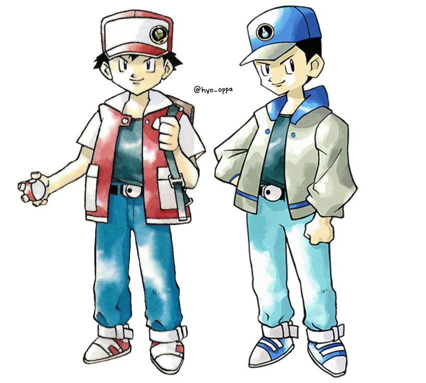 2boys backpack bag bangs baseball_cap belt belt_buckle black_hair blue_headwear brown_bag buckle closed_mouth commentary english_commentary grey_jacket hat highres holding holding_poke_ball holding_strap hyo_oppa jacket long_sleeves looking_at_viewer male_focus multiple_boys open_clothes open_jacket pants poke_ball poke_ball_(basic) pokemon pokemon_(game) pokemon_rgby red_(pokemon) shirt shoes short_hair short_sleeves simple_background smile standing sugimori_ken sugimori_ken_(style) twitter_username white_background white_footwear