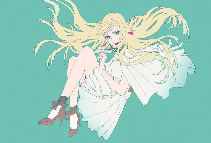 1girl blonde_hair blue_eyes capelet clothing_cutout dress earrings eyelashes floating floating_hair gigi_andalusia gundam gundam_hathaway's_flash high_heels highres jewelry lips lipstick long_hair makeup nail_polish npn pink_lips pink_nails solo triangle_earrings white_capelet white_dress