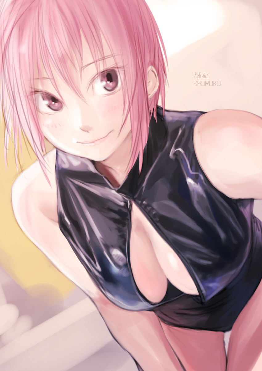 1girl blush breasts closed_mouth competition_swimsuit front_zipper_swimsuit highres kilye_kairi large_breasts leaning_forward looking_at_viewer meme_attire one-piece_swimsuit original pink_eyes pink_hair short_hair smile solo swimsuit