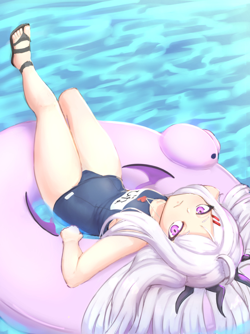 1girl ahoge blue_archive blue_swimsuit feet flat_chest highres hina_(blue_archive) innertube legs long_hair name_tag one-piece_swimsuit pink_eyes pool sandals school_swimsuit solo swimsuit thighs toes translation_request uprightblue violet_eyes whistle white_hair