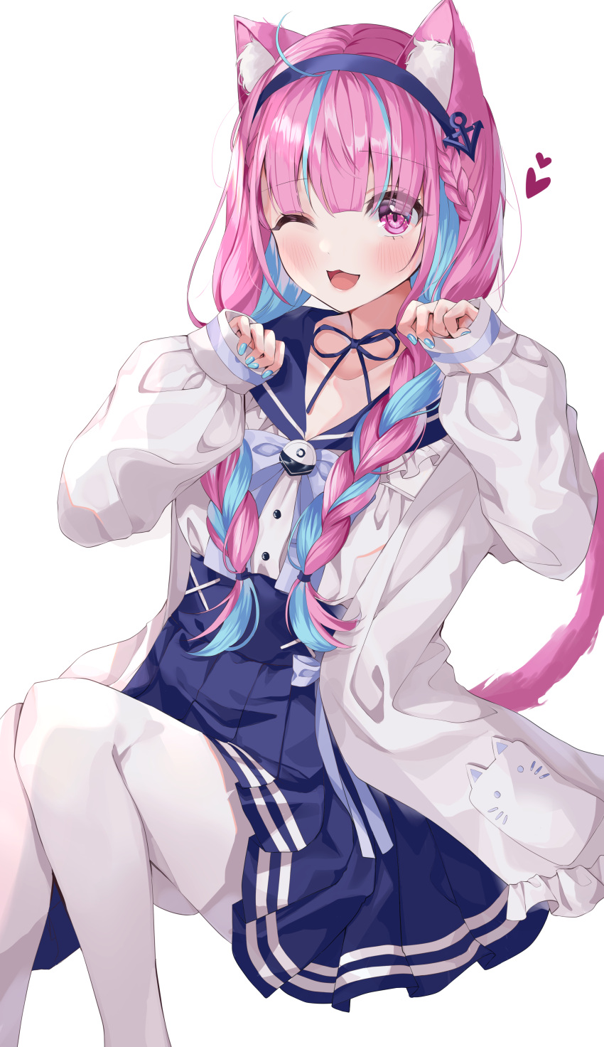 1girl ;d absurdres ahoge animal_ear_fluff animal_ears bangs blue_bow blue_hair blue_hairband blue_nails blue_sailor_collar blue_skirt blush bow braid cat_ears cat_girl cat_tail commentary_request eyebrows_visible_through_hair feet_out_of_frame hairband hands_up heart highres hololive long_hair long_sleeves looking_at_viewer low_twintails makki_(macchiatos2) minato_aqua multicolored_hair nail_polish one_eye_closed open_mouth pantyhose pink_hair pleated_skirt puffy_long_sleeves puffy_sleeves sailor_collar shirt simple_background skirt sleeves_past_wrists smile solo tail twin_braids twintails two-tone_hair very_long_hair violet_eyes virtual_youtuber white_background white_legwear white_shirt