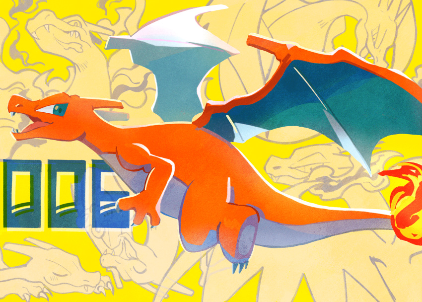 charizard claws commentary_request fangs fire flame gen_1_pokemon gigantamax gigantamax_charizard green_eyes highres looking_back mega_charizard_x mega_charizard_y mega_pokemon mo~zu no_humans number open_mouth pokedex_number pokemon pokemon_(creature) tongue
