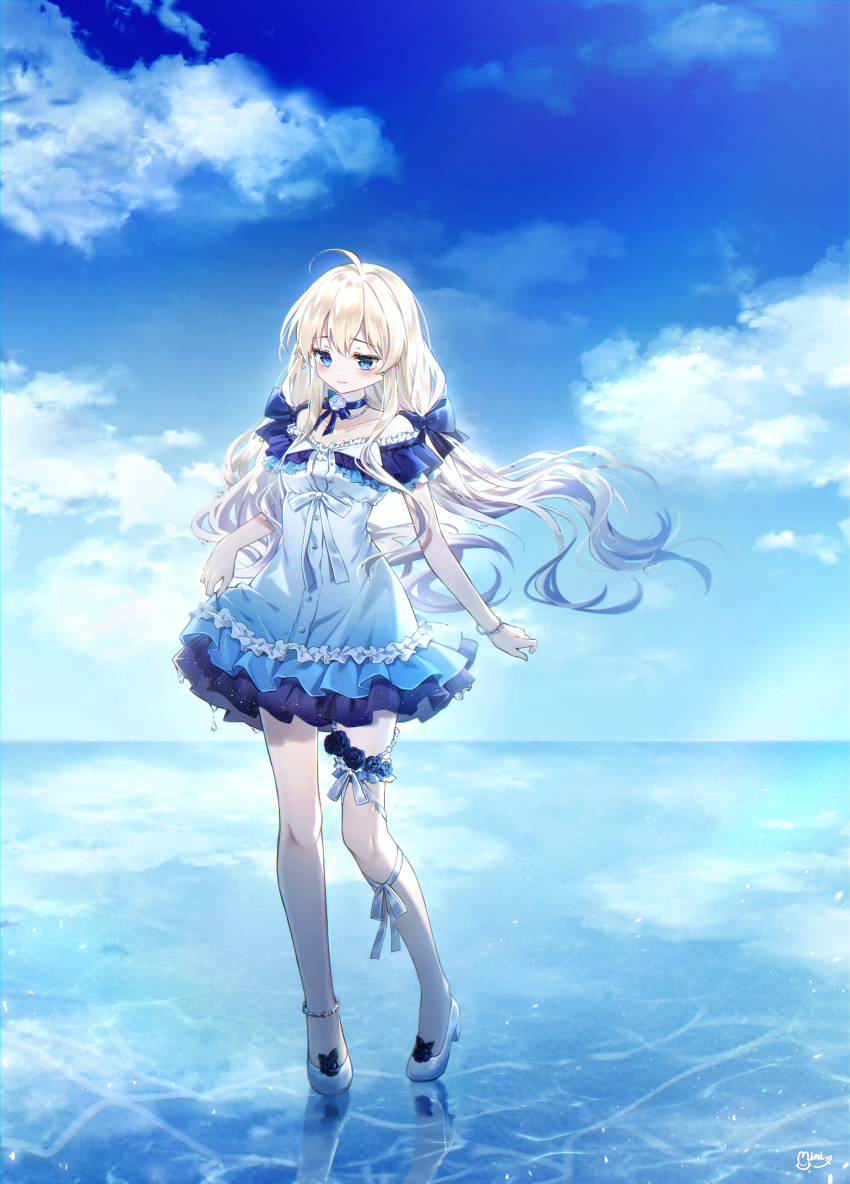1girl absurdres ahoge bangs blonde_hair blue_bow blue_choker blue_dress blue_sky blush bow breasts choker closed_mouth clouds commission danby_merong day dress eyebrows_visible_through_hair flower frilled_dress frills full_body hair_bow high_heels highres horizon huge_filesize long_hair low_twintails ocean original outdoors rose shoes sky small_breasts smile solo standing twintails very_long_hair water white_flower white_footwear white_rose