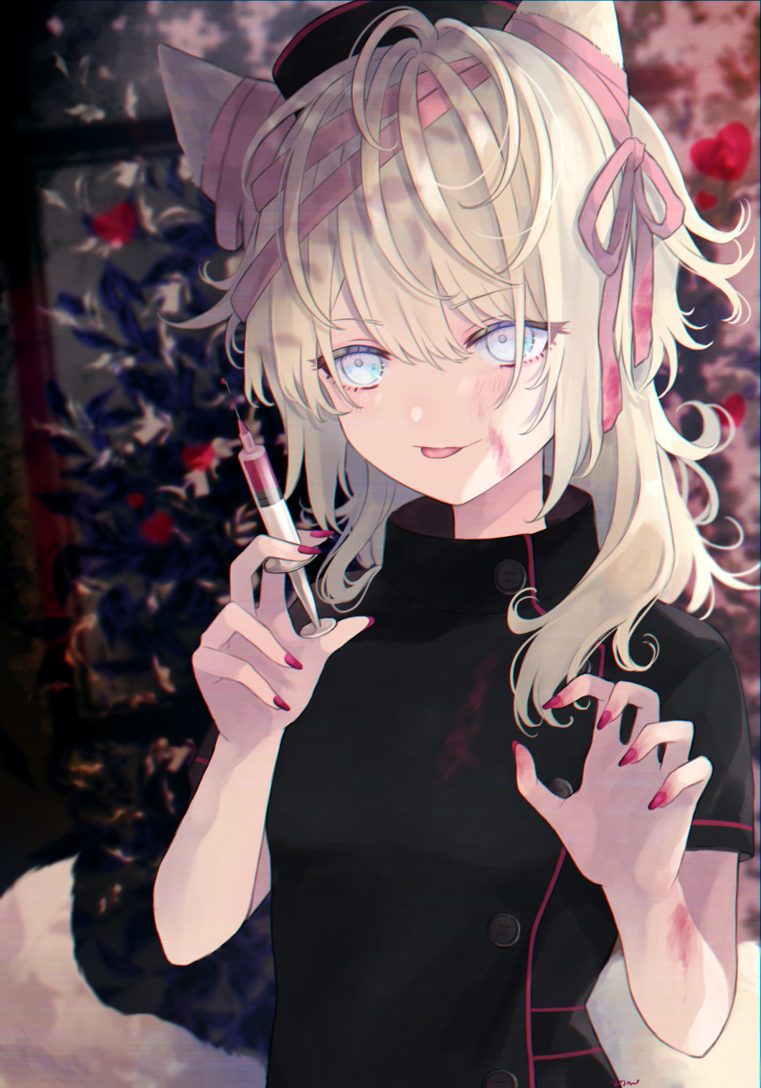 1girl animal_ears bangs black_dress black_headwear blonde_hair blood blood_on_face blue_eyes blurry blurry_background blush claw_pose commentary_request dress ear_ribbon eyebrows_visible_through_hair hair_over_shoulder hair_ribbon highres holding holding_syringe long_hair muon original pink_nails plant ribbon short_sleeves sidelocks smile solo syringe tail tongue tongue_out turtleneck_dress upper_body
