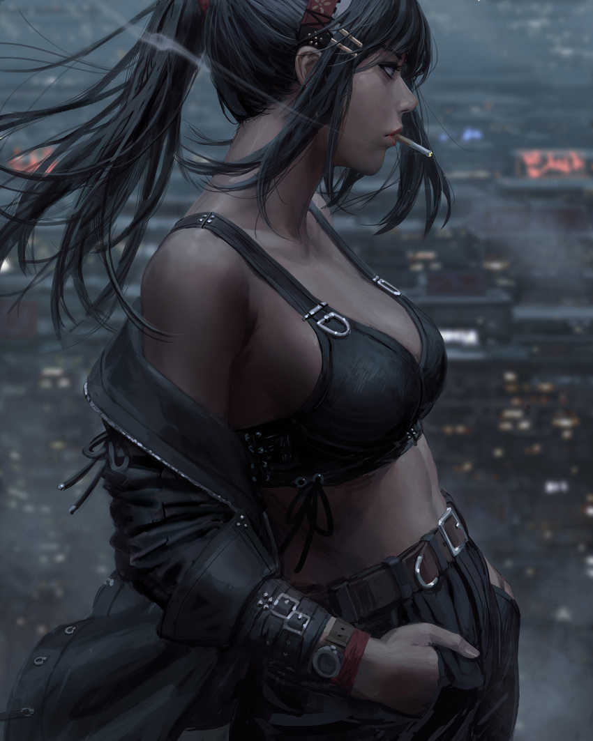 1girl bangs belt belt_buckle black_hair black_jacket blue_background breasts buckle cigarette crop_top floating_hair from_side guweiz hair_ornament hairclip hands_in_pockets highres jacket lips looking_to_the_side medium_breasts midriff navel off_shoulder original ponytail profile solo tank_top watch watch