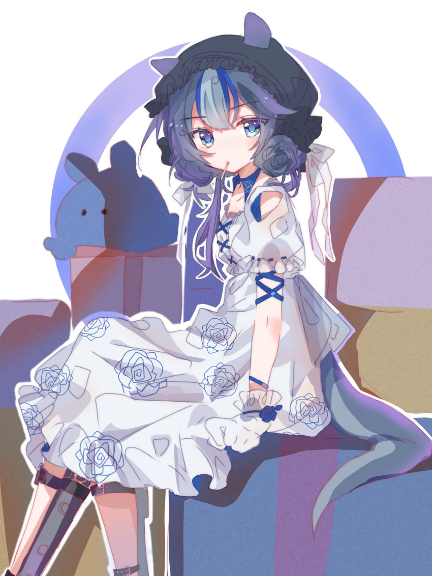 1029517702 1girl alternate_costume animal_ears arknights bangs black_headwear blue_dress blue_eyes blue_hair blush chinese_commentary double_bun dress ears_through_headwear food_in_mouth glaucus_(arknights) gloves highres low_twintails multicolored_hair short_sleeves solo streaked_hair tail twintails