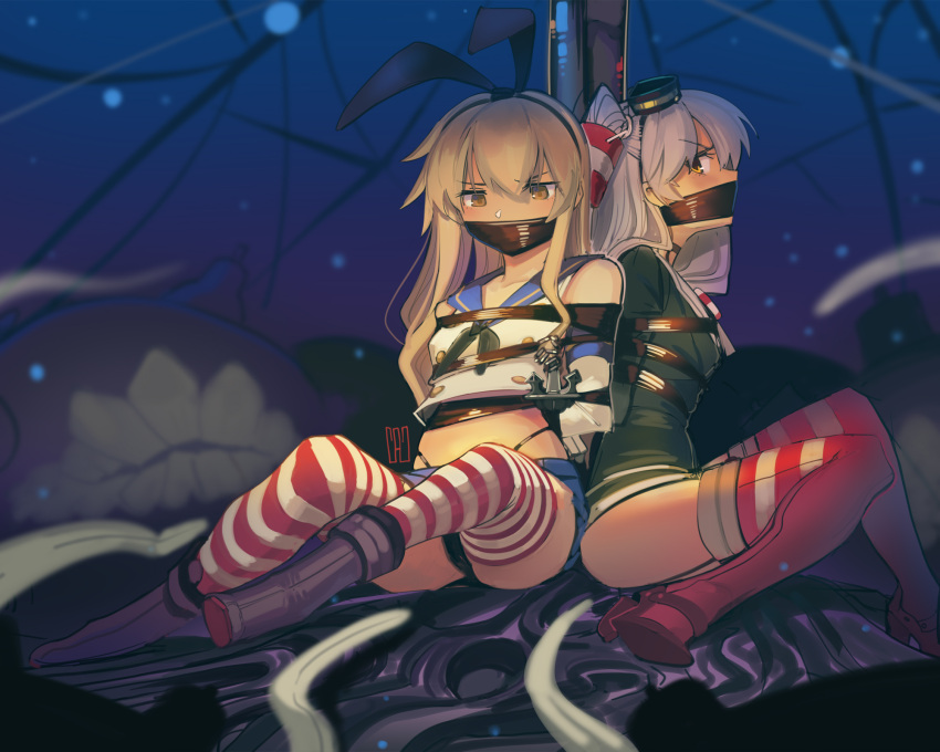 2girls amatsukaze_(kancolle) anchor_hair_ornament arms_behind_back bdsm black_hairband black_panties blonde_hair blue_skirt bondage bound breasts brown_dress brown_eyes crop_top dress elbow_gloves gagged gloves hair_ornament hair_tubes hairband hat highleg highleg_panties highres kaddo kantai_collection long_hair mini_hat miniskirt multiple_girls panties pleated_skirt red_legwear rope sailor_dress shimakaze_(kancolle) short_dress silver_hair skirt small_breasts striped striped_legwear thigh-highs two_side_up underwear white_gloves windsock