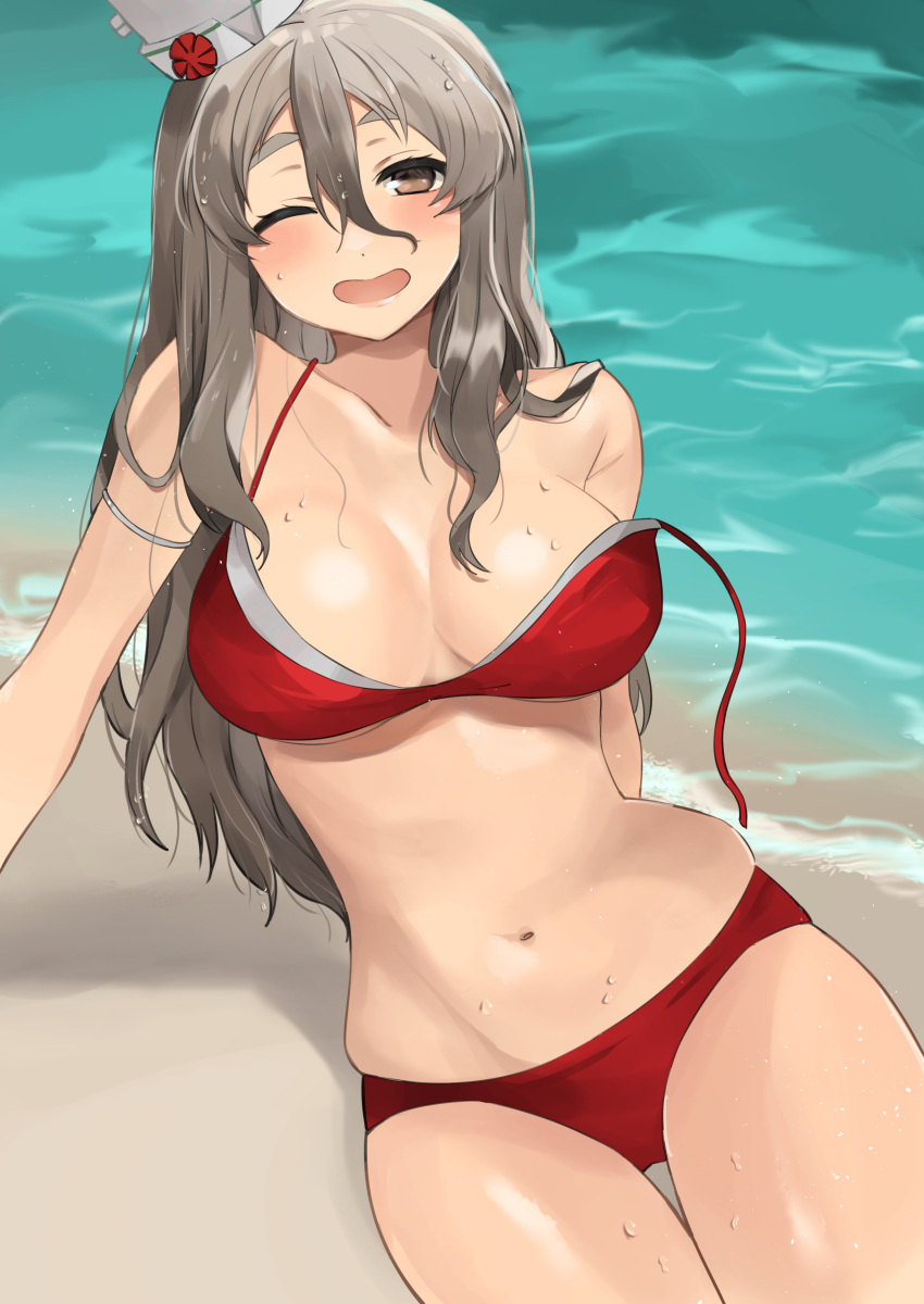 1girl absurdres bikini breasts brown_eyes commentary_request drunk grey_hair highres kantai_collection large_breasts long_hair looking_at_viewer navel one_eye_closed open_mouth pola_(kancolle) red_bikini solo swimsuit thick_eyebrows tilted_headwear toriniku_senshi_chikinman untied untied_bikini wavy_hair
