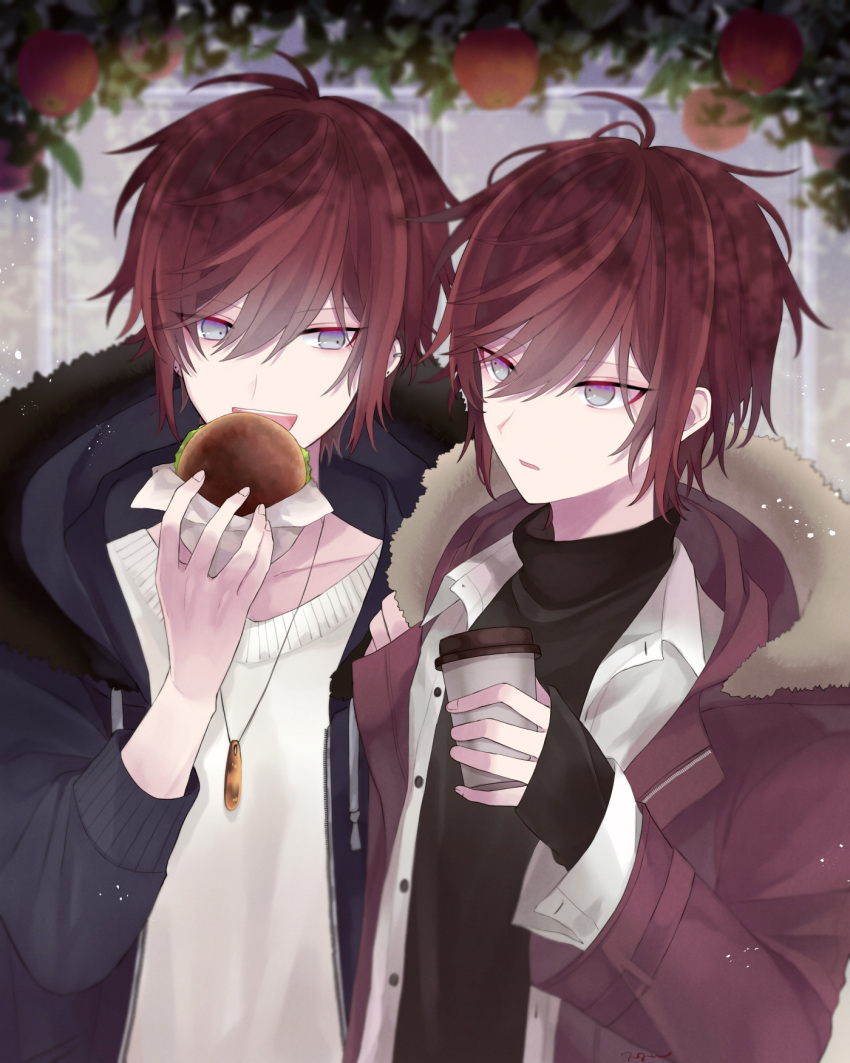 2boys :d apple apple_tree bangs black_coat black_sweater blue_eyes blurry blurry_background brown_coat brown_hair burger coat coffee commentary_request drawstring drink food fruit fur_trim hair_between_eyes hand_on_another's_shoulder highres holding holding_drink jewelry long_sleeves looking_at_another male_focus medium_hair multicolored_hair multiple_boys muon necklace open_clothes open_mouth open_shirt original redhead shirt siblings sidelocks sleeves_past_wrists smile streaked_hair sweater tree turtleneck turtleneck_sweater twins white_shirt white_sweater