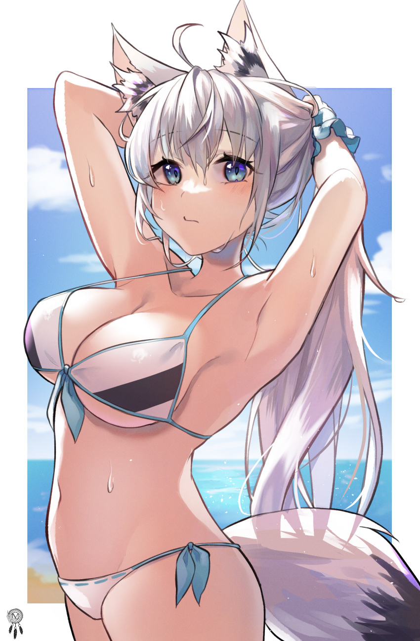 absurdres animal_ear_fluff animal_ears armpits arms_up bangs bikini blue_eyes blush border breasts clouds cloudy_sky collarbone commentary_request day eyebrows_visible_through_hair fox_ears fox_girl fox_tail hair_between_eyes highres hololive julia8857 long_hair looking_at_viewer medium_breasts ocean outdoors scrunchie shirakami_fubuki sidelocks signature sky swimsuit tail tying_hair virtual_youtuber wet white_hair