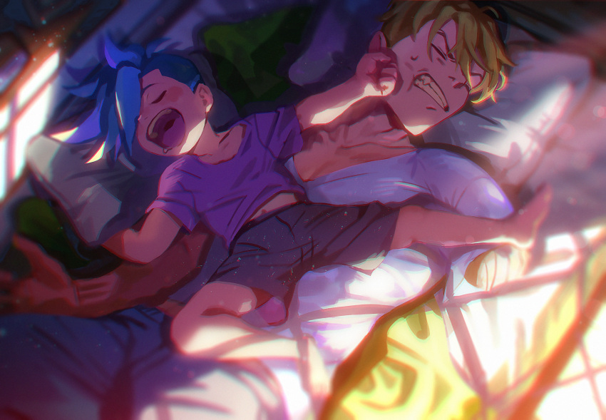 2boys amputee annoyed bed blonde_hair blue_hair blush child clenched_teeth closed_eyes collarbone drooling galo_thymos highres indoors kray_foresight male_focus meipu_hm multiple_boys on_bed open_mouth pants pillow promare saliva shirt short_hair shorts sleeping sleeping_on_person snoring spiky_hair teeth younger