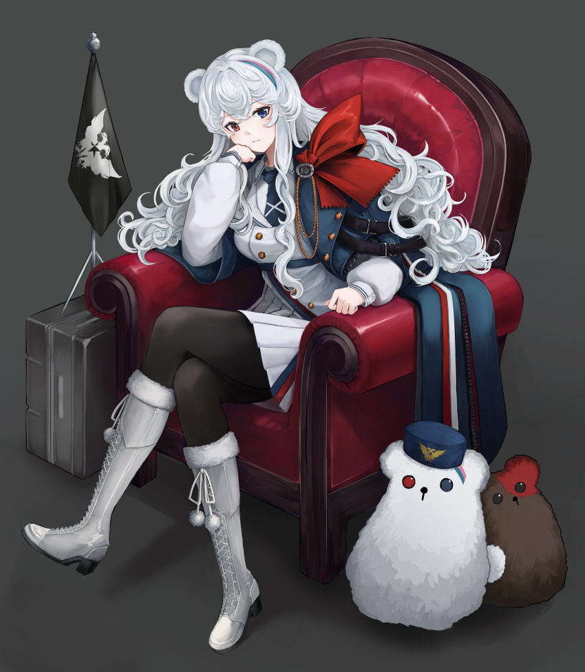 1girl absurdres arknights belt black_legwear blue_eyes blue_hair blue_jacket blue_neckwear boots bow breasts chair character_doll commentary crossed_legs curly_hair elbow_rest fur_trim grey_background hat hat_removed head_rest headwear_removed heterochromia highres jacket knee_boots long_hair looking_at_viewer lounge_chair military military_uniform multicolored_hair multiple_belts necktie non09_24 pantyhose pink_hair pleated_skirt red_bow red_eyes rosa_(arknights) shadow simple_background sitting skirt solo streaked_hair stuffed_animal stuffed_polar_bear stuffed_toy uniform wavy_hair white_footwear white_hair white_jacket white_skirt zima_(arknights)