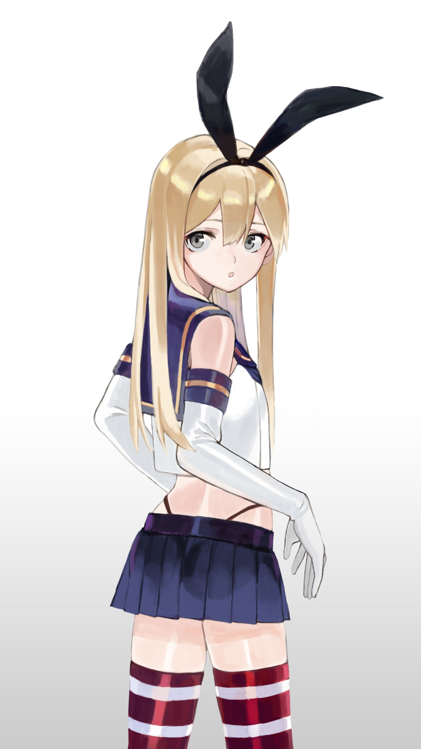 1girl absurdres black_bow black_hairband black_panties blonde_hair blue_skirt bow bow_hairband cowboy_shot cropped_shirt elbow_gloves from_behind gloves grey_eyes hair_bow hairband highleg highleg_panties highres kantai_collection long_hair looking_at_viewer looking_back looking_to_the_side luicent miniskirt panties panty_straps parted_lips pleated_skirt purple_sailor_collar red_legwear sailor_collar sanpaku school_uniform serafuku shimakaze_(kancolle) shirt simple_background skirt solo standing striped striped_legwear thigh-highs underwear white_background white_gloves white_shirt