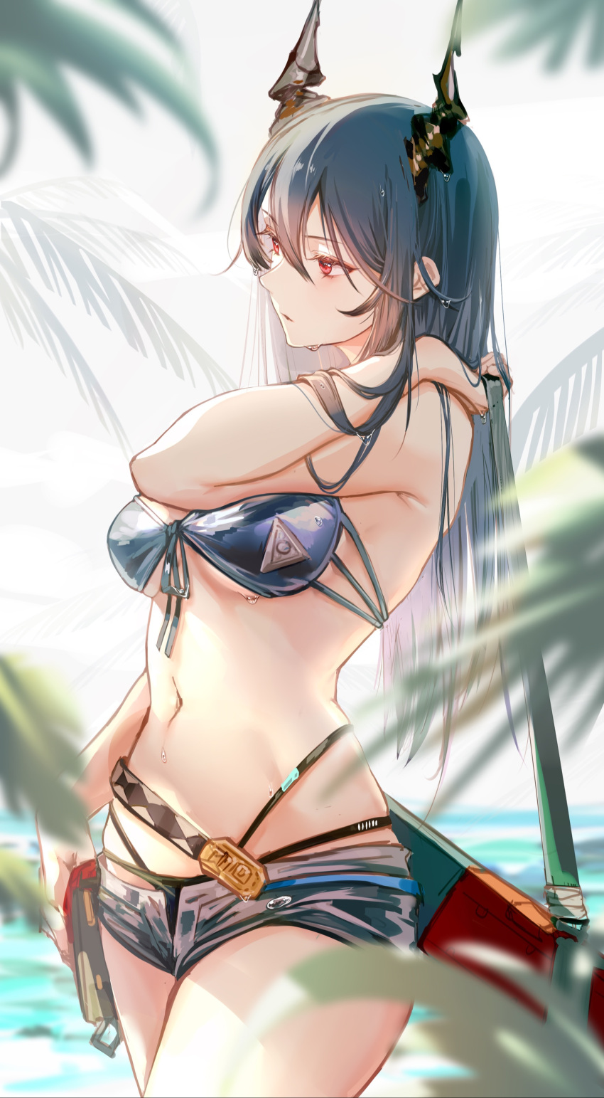 1girl absurdres arknights bikini black_shorts blue_bikini blue_hair blurry breasts ch'en_(arknights) ch'en_the_holungday_(arknights) clouble cowboy_shot depth_of_field dragon_horns hair_between_eyes highres holding horns long_hair medium_breasts navel palm_tree red_eyes scabbard sheath short_shorts shorts solo swimsuit thighs tree wet