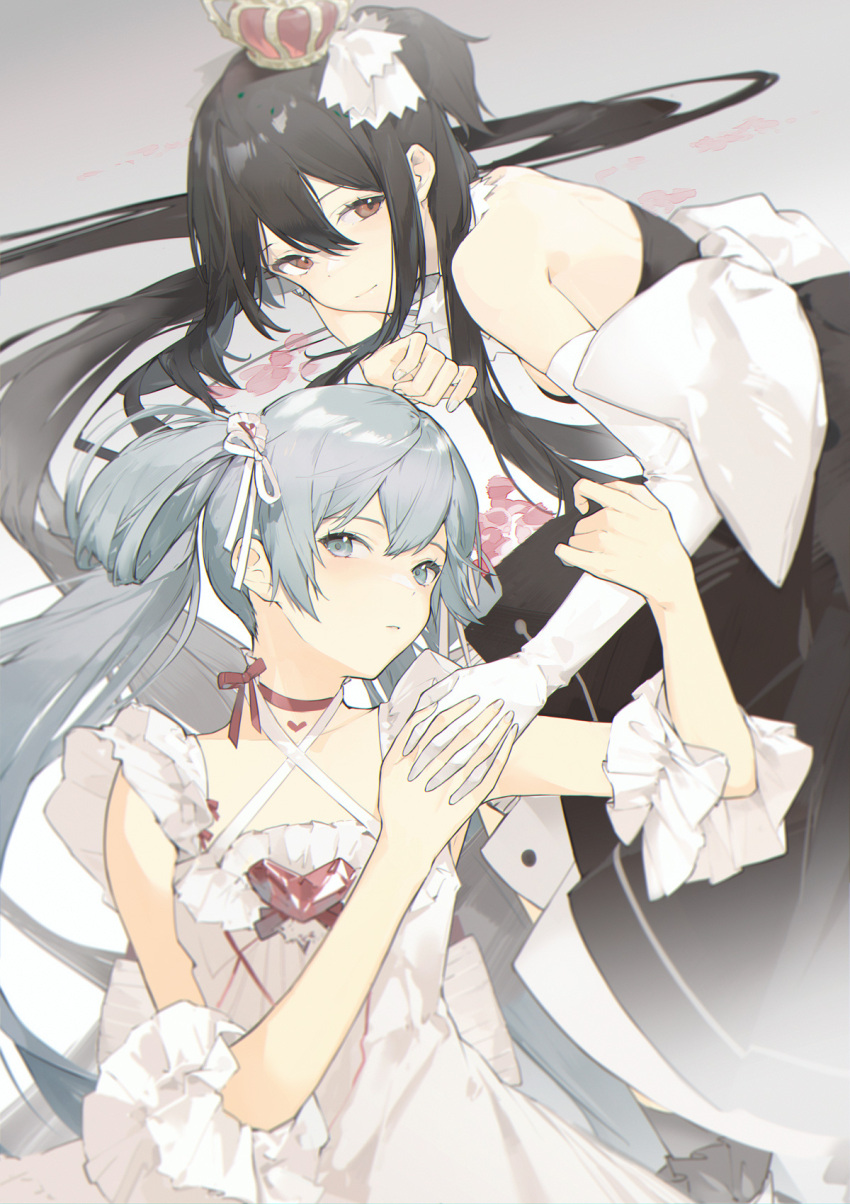 2girls aqua_eyes aqua_hair bare_shoulders black_dress black_hair brown_eyes chinese_commentary crossover dress gloves hatsune_miku headwear highres interlocked_fingers long_hair looking_at_viewer multiple_girls red:_pride_of_eden red_neckwear twintails vocaloid white_dress white_gloves xiaochichi