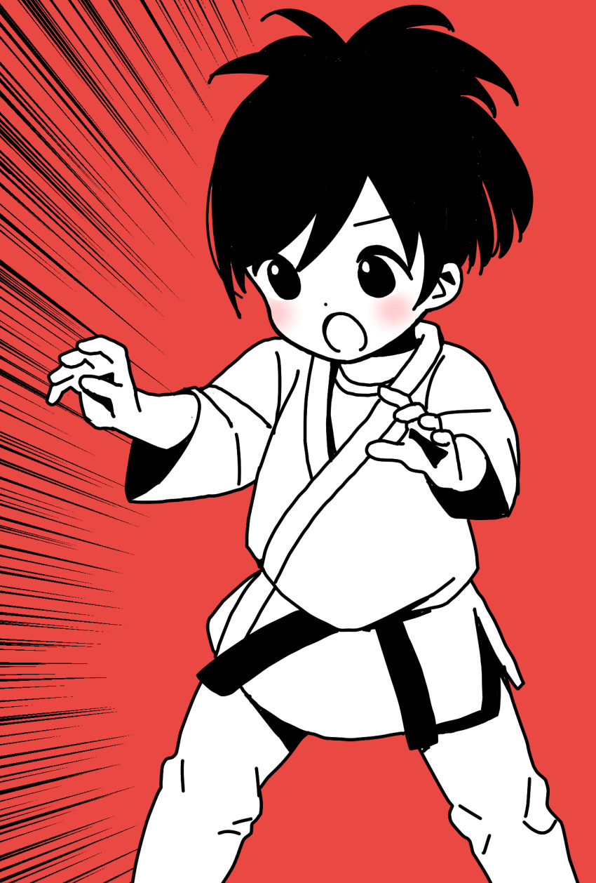 1girl :o alternate_costume alternate_hair_length alternate_hairstyle bangs commentary_request dougi emphasis_lines fighting_stance highres hitori_bocchi hitoribocchi_no_marumaru_seikatsu judo katsuwo_(cr66g) long_sleeves looking_to_the_side open_mouth partially_colored red_background short_hair simple_background solo standing