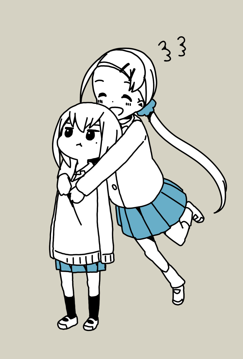 2girls :d :t ^_^ alternate_height annoyed bangs blazer blue_scrunchie blue_skirt blush buttons closed_eyes collared_shirt commentary_request dot_nose forehead full_body glomp grey_background hair_ornament hair_scrunchie hairclip happy highres hitoribocchi_no_marumaru_seikatsu hug hug_from_behind jacket jumping katsuwo_(cr66g) long_hair long_sleeves mole mole_under_eye multiple_girls open_mouth partially_colored pleated_skirt pout school_uniform scrunchie shirt shoes short_hair simple_background skirt sleeves_past_fingers sleeves_past_wrists smile socks sotoka_rakita split_mouth standing sunao_nako sweater uwabaki very_long_hair