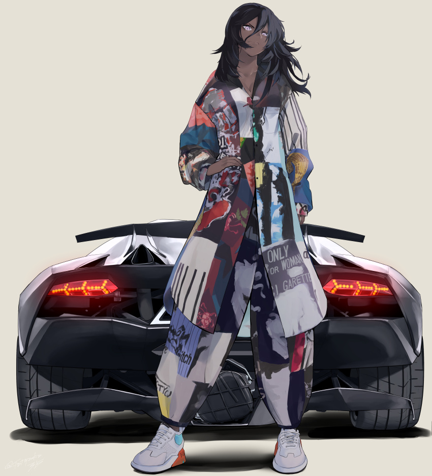 1girl absurdres arm_at_side black_hair car dark-skinned_female dark_skin frown full_body ground_vehicle hair_between_eyes highres huge_filesize lamborghini long_hair long_sleeves looking_at_viewer motor_vehicle original shoes simple_background sneakers standing taiyaka315 violet_eyes