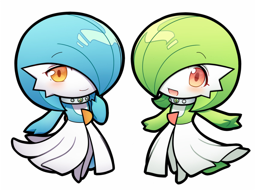 2girls alternate_color bangs blue_hair blue_skin blush bob_cut chibi closed_mouth collar colored_skin commentary eyebrows_visible_through_hair flat_chest full_body gardevoir gen_3_pokemon green_hair green_skin hair_over_one_eye hand_to_own_mouth hand_up happy heart heart_in_eye looking_at_viewer lotosu mega_stone multicolored multicolored_skin multiple_girls open_mouth orange_eyes outstretched_arm outstretched_arms pokemon pokemon_(creature) red_eyes shiny shiny_hair shiny_pokemon short_hair smile standing star_(symbol) star_in_eye symbol_in_eye symmetry two-tone_skin white_skin