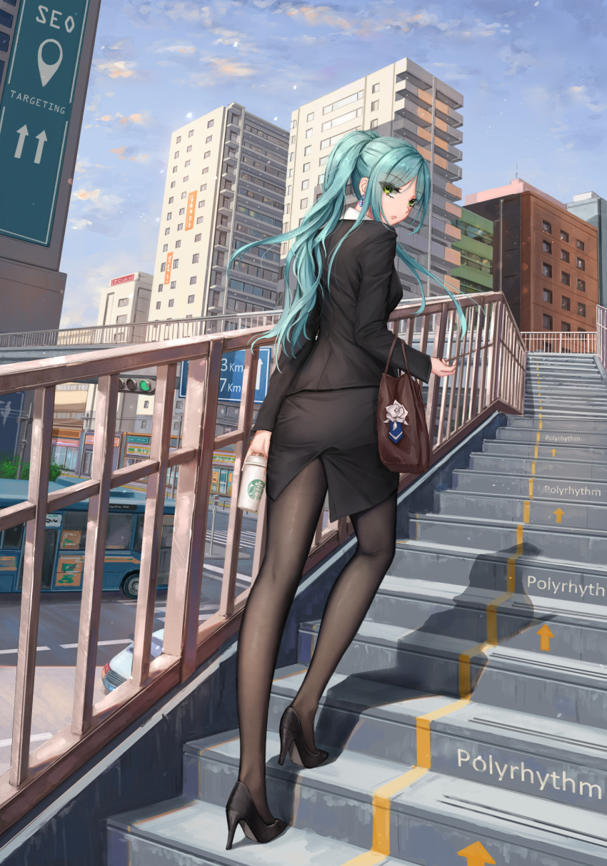 1girl bag bang_dream! blue_hair blue_sky building bus car cityscape clouds cup day disposable_cup earrings eyebrows_visible_through_hair eyes_visible_through_hair flower green_eyes green_hair ground_vehicle handbag high_heels highres hikawa_sayo jewelry long_hair looking_back miniskirt motor_vehicle office_lady pantyhose road road_sign sign skirt sky solo stairs starbucks street walking white_flower yuzuriha