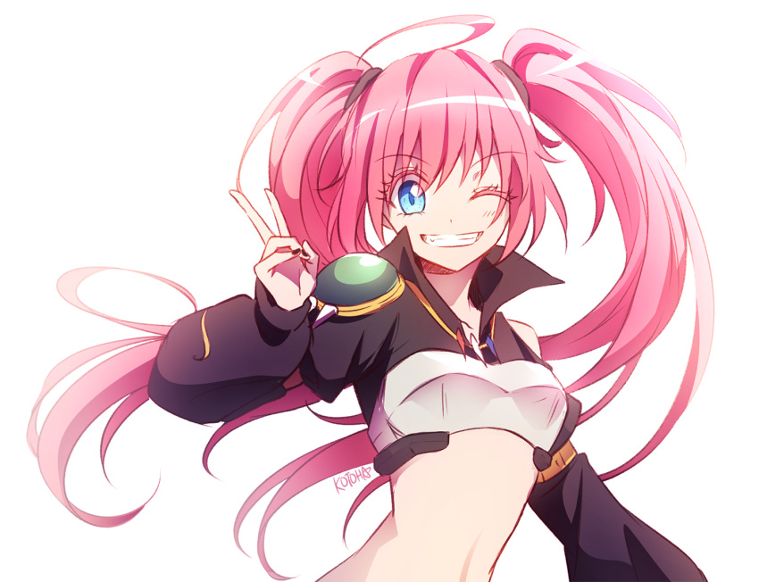 1girl ahoge bangs black_nails blue_eyes collarbone eyebrows_visible_through_hair eyelashes floating_hair grin hair_ornament kotorimyuu long_hair long_sleeves looking_at_viewer midriff milim_nava nail_polish one_eye_closed pink_hair shiny shiny_hair shrug_(clothing) simple_background sketch smile solo stomach tensei_shitara_slime_datta_ken twintails upper_body v very_long_hair white_background