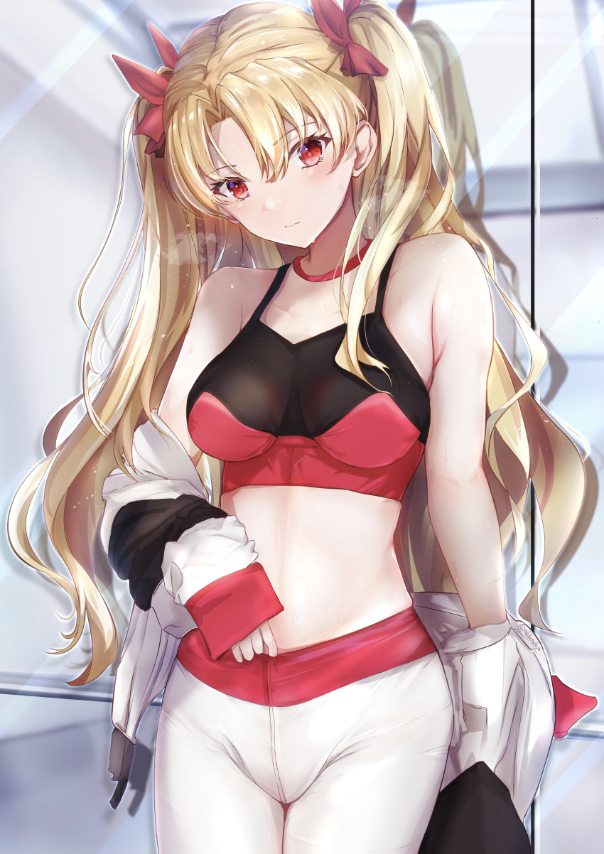 1girl absurdres alternate_costume blonde_hair blush breasts closed_mouth commentary_request ereshkigal_(fate) eyebrows_visible_through_hair fate/grand_order fate_(series) hair_between_eyes hair_ribbon highres jacket long_hair long_sleeves looking_at_viewer medium_breasts midriff mirror pants red_eyes red_ribbon ribbon solo tohsaka_rin two_side_up type-moon white_jacket white_pants yoga_pants yuki_haru