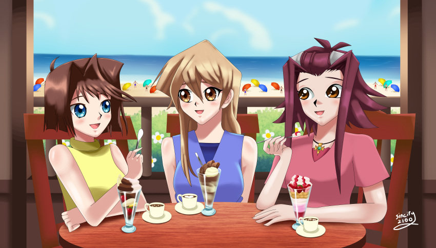 3girls beach blonde_hair blue_eyes blush brown_hair chair deviantart_username eating happy izayoi_aki mazaki_anzu orange_eyes parfait redhead sea sincity2100 sun table tenjouin_asuka umbrella yellow_eyes yu-gi-oh! yuu-gi-ou_5d's yuu-gi-ou_duel_monsters yuu-gi-ou_gx yuu-gi-ou_the_dark_side_of_dimensions