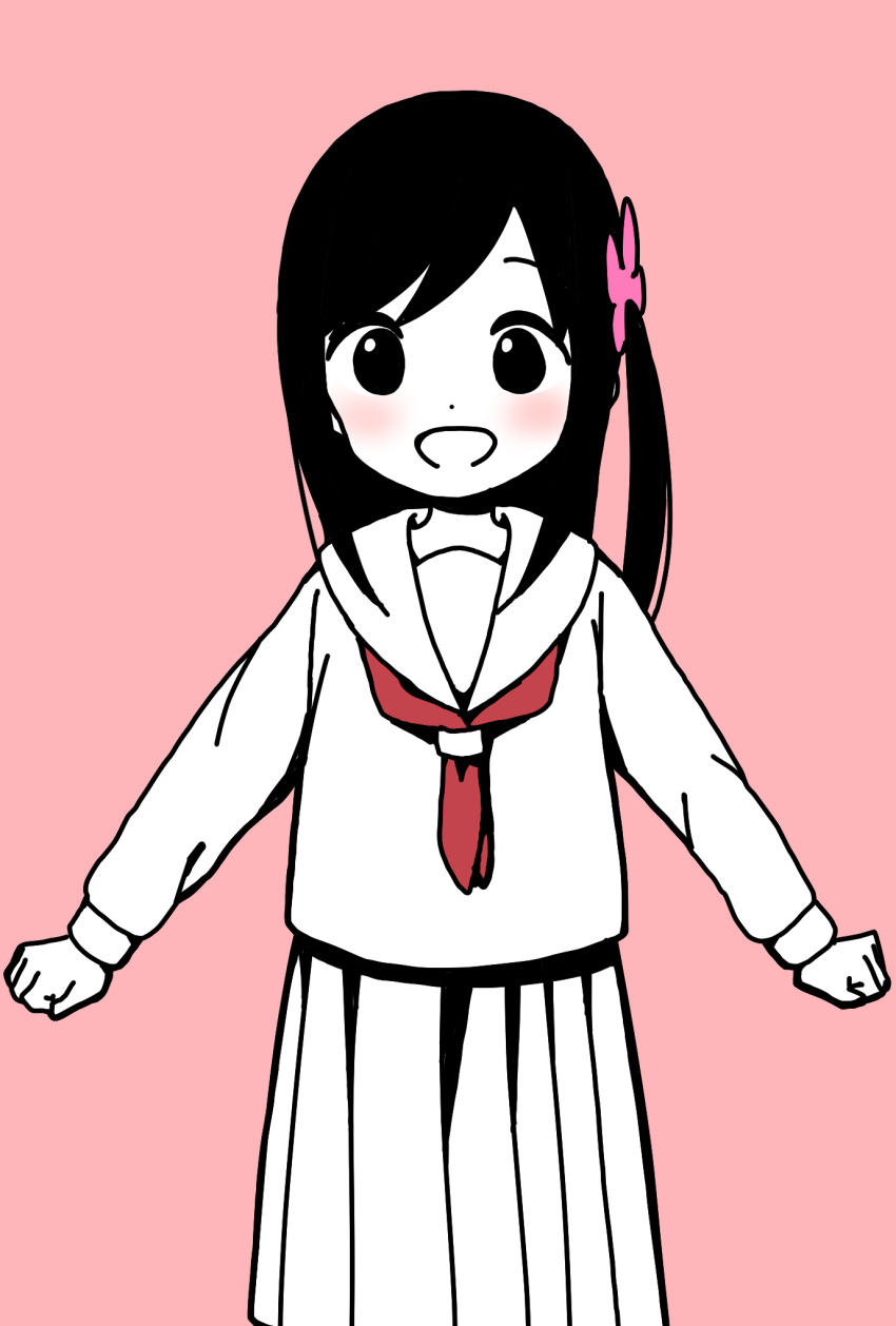 1girl :d alternate_costume arms_at_sides bangs clenched_hands commentary_request dot_nose flower hair_flower hair_ornament happy highres hitori_bocchi hitoribocchi_no_marumaru_seikatsu katsuwo_(cr66g) light_blush long_hair long_sleeves looking_at_viewer neckerchief open_mouth partially_colored pink_background pink_flower pleated_skirt red_neckwear sailor_collar school_uniform serafuku shirt side_ponytail simple_background skirt smile solo split_mouth standing