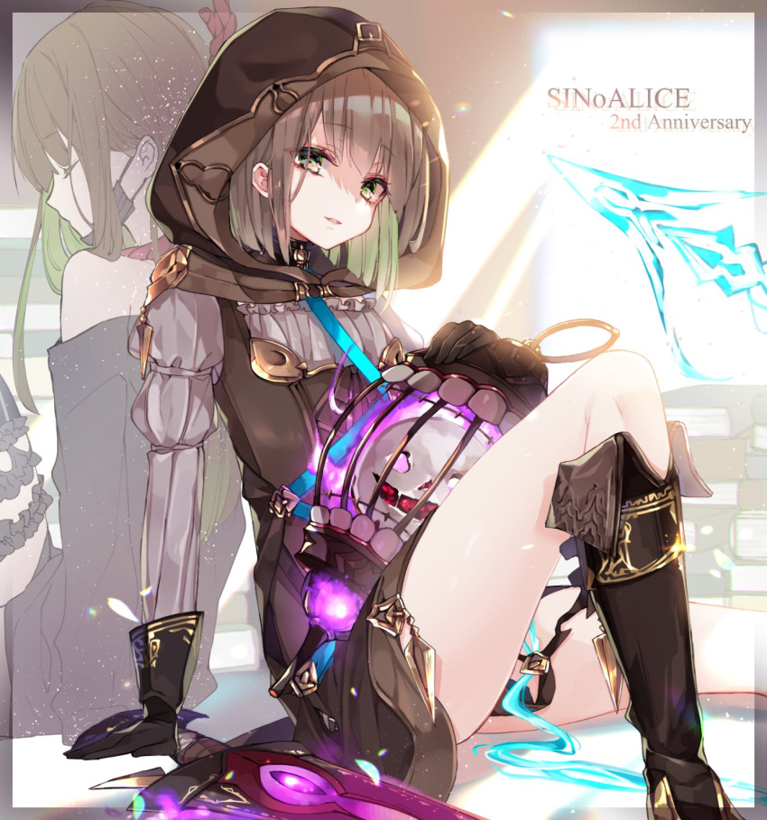 1boy bangs black_mask blunt_bangs boots brown_hair cage closed_eyes closed_mouth dual_persona gloves green_eyes green_hair gretel_(sinoalice) hansel_(sinoalice) happy highres hood hood_up legband long_hair long_sleeves looking_at_viewer male_focus mask mcmcmococo mouth_mask noose open_mouth reality_arc_(sinoalice) shirt short_hair sinoalice solo suicide surgical_mask sword t-shirt thigh-highs weapon