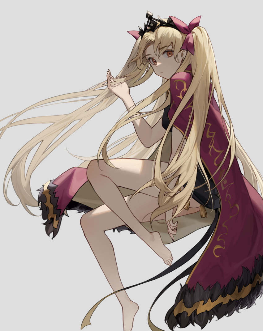 1girl absurdres bangs bare_legs barefoot black_dress black_nails blonde_hair cape cotta_(heleif) dress earrings ereshkigal_(fate) eyebrows_visible_through_hair fate/grand_order fate_(series) from_side full_body grey_background hair_ribbon hand_in_hair highres jewelry long_hair looking_at_viewer orange_eyes red_cape red_ribbon ribbon short_dress simple_background solo tassel tiara twintails two_side_up very_long_hair