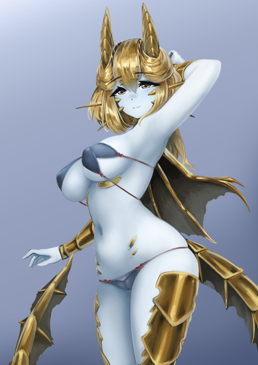 1girl arm_up armpits arms_behind_head bangs barbariank bikini blonde_hair breasts colored_skin commentary cowboy_shot dragon_girl dragon_tail dungeons_and_dragons english_commentary eyebrows_visible_through_hair gold_dragon_(d&amp;d) gold_horns grey_background hair_between_eyes highres horns large_breasts long_hair looking_at_viewer monster_girl navel personification scales shiny shiny_hair simple_background smile solo stomach string_bikini swimsuit tail white_skin wings yellow_eyes