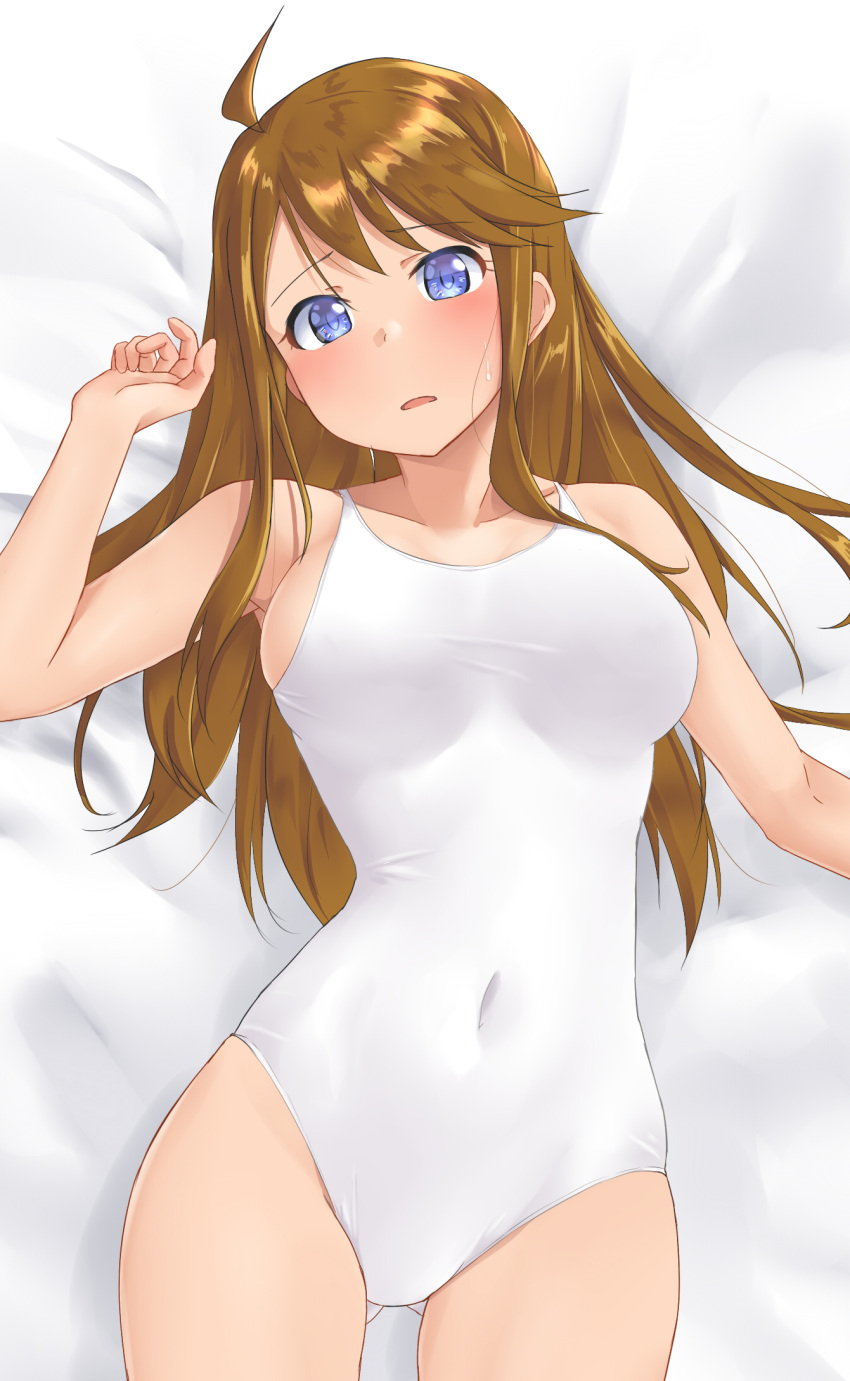 1girl ahoge aimobake ass_visible_through_thighs bangs bed_sheet blue_eyes blush brown_hair covered_navel from_above highres idolmaster idolmaster_million_live! light_frown long_hair looking_at_viewer lying on_back on_bed one-piece_swimsuit parted_lips solo sweatdrop swimsuit tokoro_megumi white_swimsuit