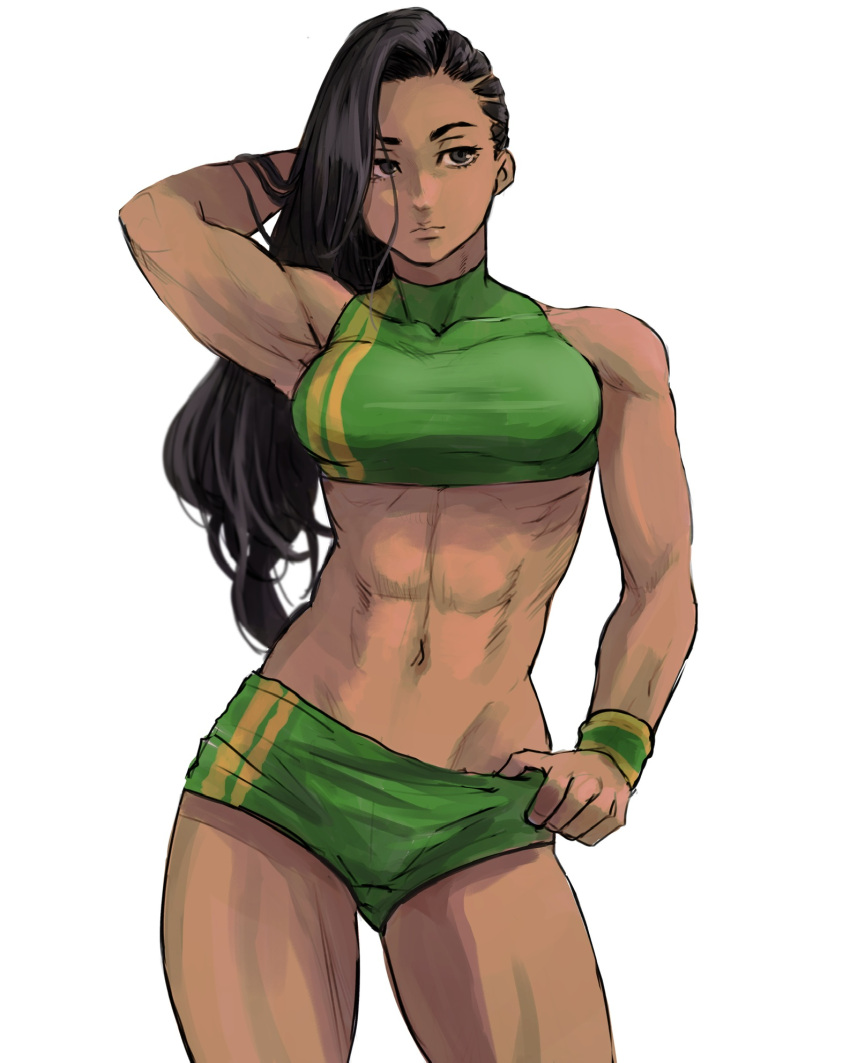 1girl 6maker abs alternate_costume arm_behind_head armpits asymmetrical_hair black_hair breasts contrapposto cornrows dark-skinned_female dark_skin expressionless green_tankini grey_eyes hand_in_hair highres laura_matsuda long_hair medium_breasts muscular muscular_female navel solo standing street_fighter street_fighter_v swimsuit tankini thick_thighs thighs thumb_in_beltline white_background wristband