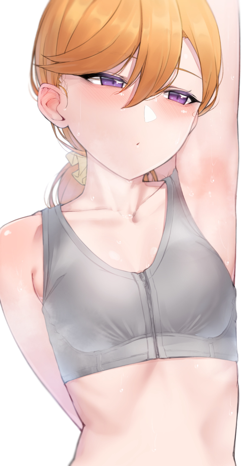 1girl absurdres alternate_hairstyle arm_behind_back arm_up armpits bangs bare_arms bare_shoulders blurry blush breasts closed_mouth collarbone commentary_request depth_of_field grey_sports_bra hair_between_eyes hair_ornament hair_scrunchie half-closed_eyes highres long_hair looking_away love_live! love_live!_superstar!! low_ponytail medium_breasts nasuno_(nasuno42) orange_hair ponytail scrunchie shibuya_kanon simple_background solo sports_bra steaming_body sweat swept_bangs upper_body violet_eyes white_background yellow_scrunchie zipper zipper_pull_tab