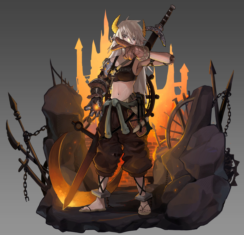 1girl absurdres anchor armor artist_name belt black_nails brown_gloves brown_pants chain character_name copyright_request elbow_pads eungi full_body gloves glowing grey_background hand_up highres horns looking_at_viewer midriff navel pants planted rock sandals sheath sheathed shoulder_armor solo standing sword weapon wheel white_hair