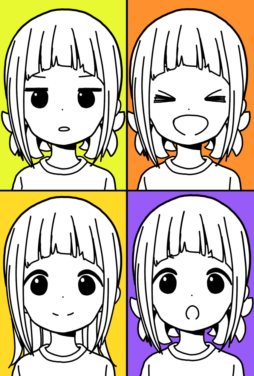 &gt;_&lt; 1girl :d :o alternate_hairstyle bangs blunt_bangs closed_eyes closed_mouth commentary_request dot_nose expressions facing_viewer happy highres jitome katsuwo_(cr66g) kise_sacchan long_hair looking_at_viewer mitsuboshi_colors multicolored multicolored_background multiple_views open_mouth orange_background parted_lips partially_colored portrait purple_background shirt short_hair smile split_mouth yellow_background