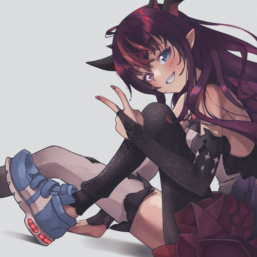 asymmetrical_legwear black_legwear blue_eyes blue_footwear breasts english_commentary hair_behind_ear heterochromia highres hololive hololive_english horns irys_(hololive) looking_at_viewer mismatched_legwear pantyhose pointy_ears purple_hair purple_skirt renpc shoes skirt small_breasts smile sneakers thigh-highs v velcro_footwear violet_eyes virtual_youtuber white_legwear