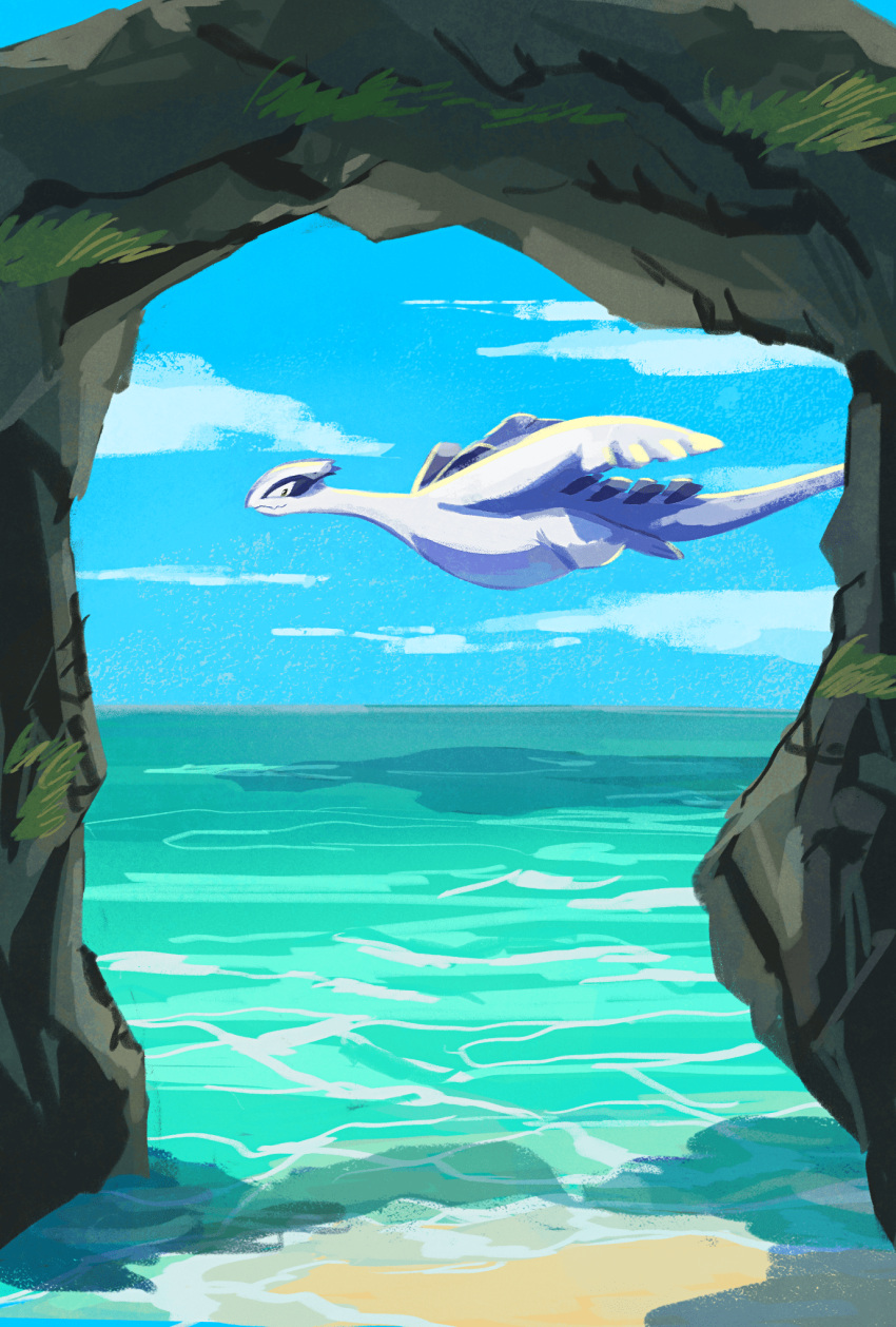 arch black_eyes closed_mouth clouds commentary_request day flying gen_2_pokemon highres legendary_pokemon looking_back lugia mo~zu no_humans outdoors pokemon pokemon_(creature) sky smile solo water