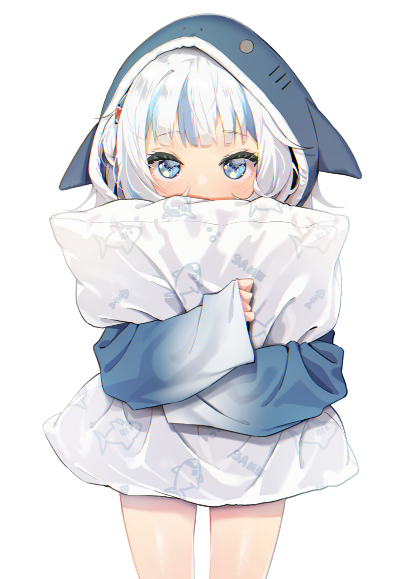 1girl absurdres agnamore animal_hood bangs blue_eyes blue_hair blue_hoodie blush covered_mouth eyebrows_visible_through_hair gawr_gura highres hololive hololive_english hood hood_up hoodie long_sleeves looking_at_viewer multicolored_hair pillow pillow_hug romaji_text shark_hood simple_background sleeves_past_wrists solo streaked_hair virtual_youtuber white_background white_hair