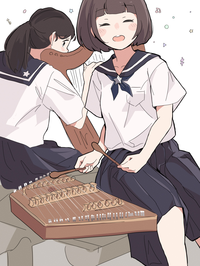 2girls :d bangs black_hair blue_neckwear blue_sailor_collar blunt_bangs blush blush_stickers bob_cut brown_hair closed_eyes collarbone commentary eyelashes hammered_dulcimer harp highres holding holding_mallet instrument long_hair long_skirt looking_at_viewer looking_back mallet mallet_(instrument) multiple_girls music musical_note neckerchief open_mouth original playing_instrument pleated_skirt ponytail sailor_collar school_uniform serafuku shapes shirt short_hair short_sleeves sitting skirt smile star_(symbol) symbol tariki_fretless upper_teeth white_shirt