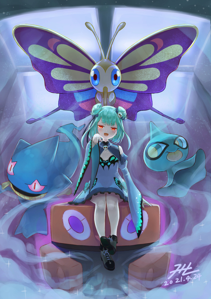 1girl absurdres banette blue_dress butterfree dated double_bun dress fang gen_1_pokemon gen_3_pokemon green_hair hair_ornament highres hololive null_suke pokemon pokemon_(creature) red_eyes rotom rotom_(frost) shuppet signature sitting skull_hair_ornament smoke uruha_rushia virtual_youtuber wide_sleeves