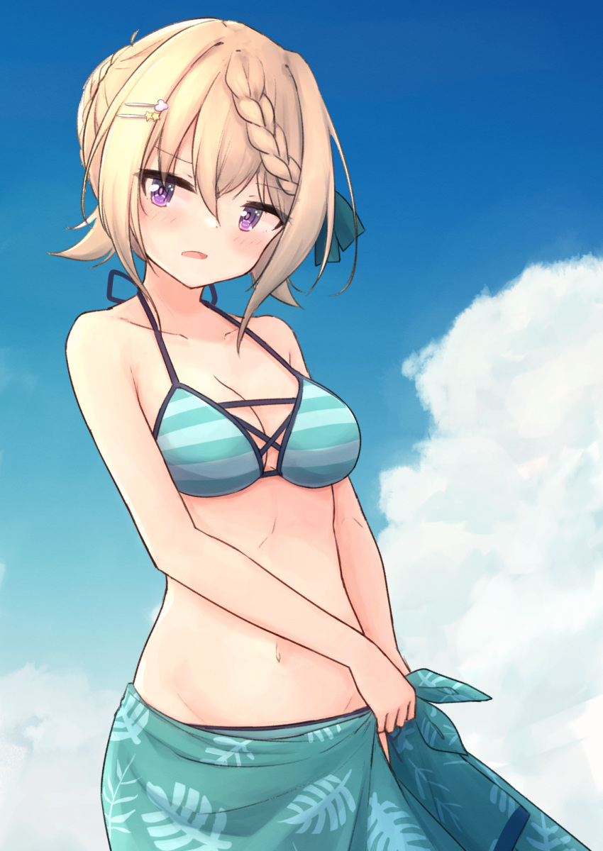 1girl bikini blonde_hair blue_sky braid braided_bangs braided_bun breasts centi_mnkt clouds cowboy_shot day hair_ornament hairclip highres kantai_collection medium_breasts official_alternate_costume outdoors perth_(kancolle) sarong sky solo striped striped_bikini swimsuit violet_eyes