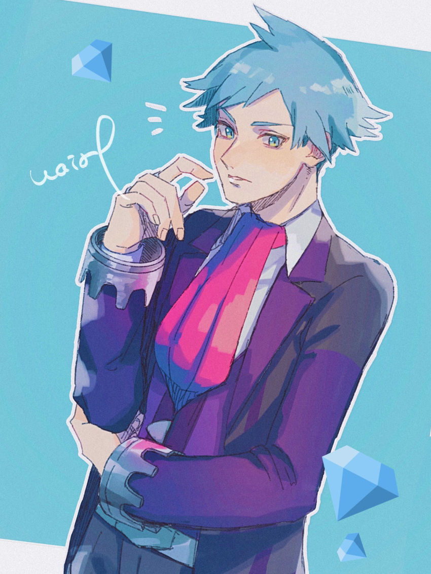1boy belt blue_hair collared_shirt gem green_eyes grey_pants hand_up hanenbo highres jacket jewelry long_sleeves male_focus necktie notice_lines outline pants parted_lips pokemon pokemon_(game) pokemon_oras purple_jacket purple_vest ring shirt short_hair sideways_glance signature solo spiky_hair steven_stone vest white_shirt