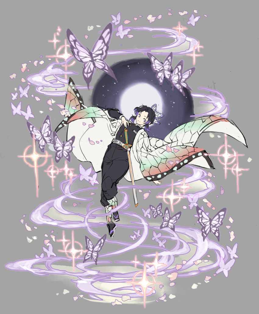 1girl absurdres black_hair black_pants bug butterfly butterfly_hair_ornament cherry_blossoms closed_mouth floating grey_background hair_ornament hand_on_own_chest highres insect japanese_clothes katana kimetsu_no_yaiba kochou_shinobu long_sleeves multicolored_hair pants papajay_(jennygin2) petals ponytail purple_hair sandals sheath sheathed simple_background solo sparkle sword violet_eyes weapon wide_sleeves